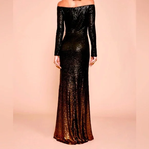 Sequin Cocktail Dress Long, Tadashi Shoji Stretch Black & Copper. Long Sleeve - Picture 2 of 14